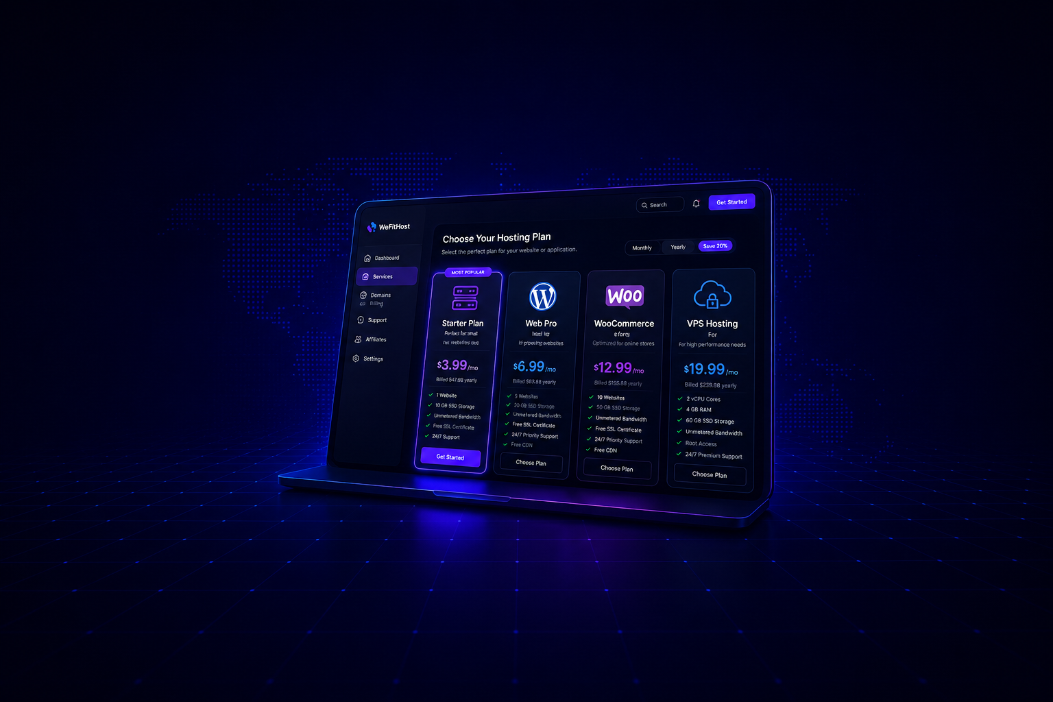 WeFitHost pricing dashboard showing hosting plan cards, monthly and yearly pricing toggle, shared hosting, WordPress, VPS, cloud, dedicated servers, and reseller hosting options.